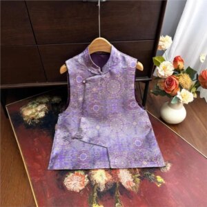 New Chinese style brocade jacquard waistcoat female purple gold mixed classical elegant rhyme disc clip