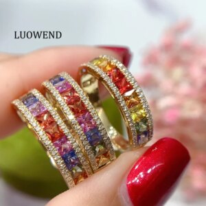 LUOWEND 100% 18K Yellow Gold Rings Women Luxury Rainbow Design Shiny Diamond Natural Color Sapphire Ring High Wedding Jewelry