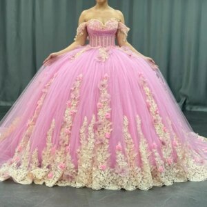 Pink Shiny Quinceanera Dresses Ball Gown Off The Shoulder Applique Lace Beads Tull Party Birthday Sweet 16 Vestidos 15 De Anos