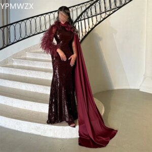 Customized Evening Dress Party Occasion Prom Gown Formal YPMWZX High Collar Mermaid Floor Length Sequin Skirts Feather 3D