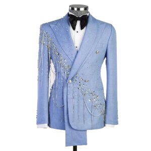 Mens Tuxedo Suit Set Handmade Beads Tassels Customized Wedding 2 Piece Slim Fit Groom Formal Tailored Wear Jacket Vest Pants