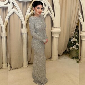 Customized Sequin Sequined Celebrity Sheath Jewel Bespoke Occasion Gown Long Dresses