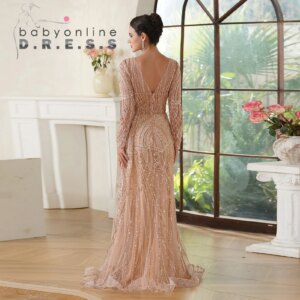 BABYONLINE Sparking Prom Dress Deep V Neck Long Sleeve V Back Sequins Beading Mermaid Floor-length for Celebrity Party فساتين سه