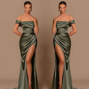Elegant Off The Shoulder Women Evening Dress 2023 Satin Green High Split Ruched Bust Waist Pleat Prom Formal Party Gown Vestidos