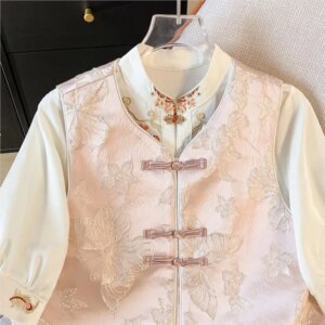 New Chinese small stand collar button jacquard fashion vest cardigan coat female plant flowers