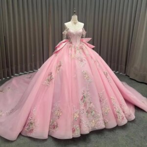 Customized Shiny Pink Princess Wind V-neck Off Shoulder Quinceanera Dress applique Tull Big Bow vestidos de 15 Quinceanera