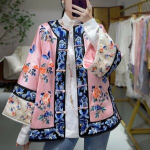 High-end Winter Women Warm Outerwear Retro Manchu Embroidery Elegant Lady Luxurious Loose Acetate Trench Coat Female S-XXL