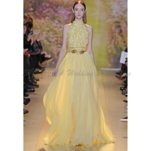 Yellow Evening Dresses Female Girls Flowing A Line Sleeveless Floor Length High Neck Alliques High Quality Classic Gown Fashion