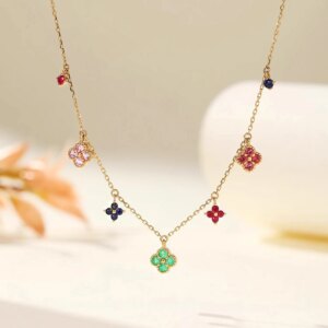 18K gold Four leaf clover colorful gemstone necklace