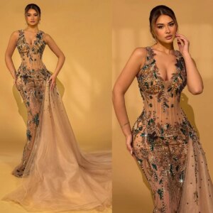 Gorgeous Evening Dresses Appliques Prom Dress See Through Rhinestone Mermaid Beading Sleeveless Party Gowns Vestidos De Noche