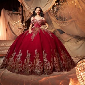 Luxury Gold Sequin Applique Red Spaghetti Quinceanera Dress Ball Gown Princess Sweet Sixteen Dress Mexican Wedding Customized