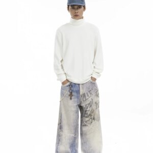 Niche Retro Washed and Worn Digital Loose Straight Jeans American Wide Leg Trousers
