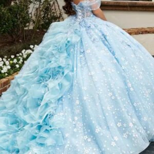 Gorgeous Sky Blue Princess Dresses Birthday Party Prom Cap Sleeve Ruffle Tulle Train Women Prom Occasion Vestido 15 Quinceanera