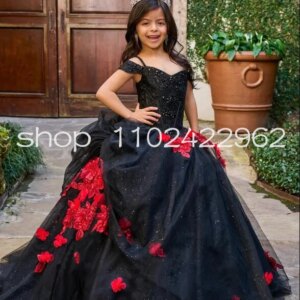 Customsized Girl’s 3D Floral Off Shoulder Mini Quinceanera Dresses Black Red Gothic Butterfly Floal Princess Flower Girl Dress