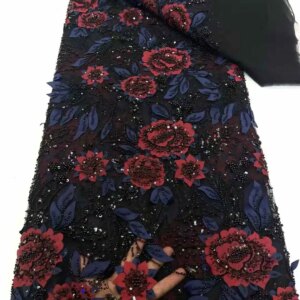Black Beads Lace Fabric With Sequins African Luxury Laces 5 Yards Sequence Material Lace Fabric For Wedding Dress