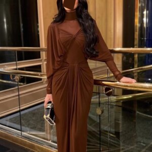 Elegant Brown High Collar Evening Dresses Long Sleeve Off the Shoulder Lace Mermaid Pleated Wedding Guest Dresses Customized
