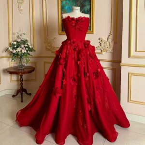 OEING 2025 Red Flower Wedding Dress Strapless Spring Prom Gown Pleat Sweep Train Evening Dress Vestidos de fiesta Customized