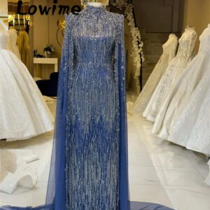 Vintage Dubai Arabic Beaded Prom Dress Navy Blue Evening Dresses Elegant Cape Sleeves Long Party Gowns Robe De Soiree Customized