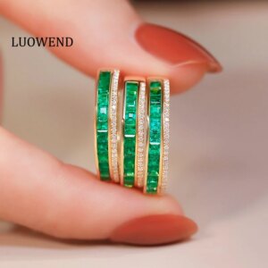 LUOWEND 100% 18K Yellow Gold Rings Shiny Diamond Natural Swat Emerald Ring for Women Fashion INS Style High Party Jewelry