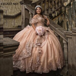 EVLAST Customized 2025 Champagne Quinceanera Dress Ball Gown Lace Applique Beading Tiered Bow Sweet 16 Vestido De 15 Anos E1Q492