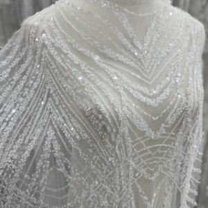 Luxury Line Sequin Beads Tulle Lace Embroidery, High-End Wedding Dress Design Fabric