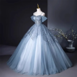 Luxury Light Blue Tulle Women Prom Dresses Sweetheart Spaghetti Strap Floor Length A-Line Shiny Sequin Smart Evening Party Gowns