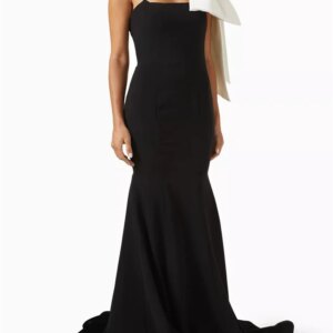 Customized Black And White Color-blocked Bow Evening Dress, Sleeveless One-shoulder Dress With Rhinestone Large Bow Decoration