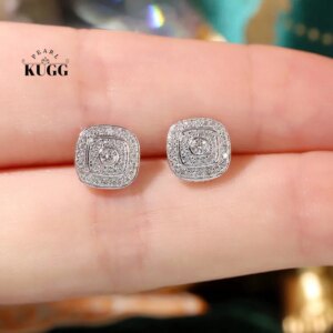 KUGG 100% 18K White Gold Earrings Women 0.32carat Real Natural Diamond Stud Earrings Fashion Square Shape High Wedding Jewelry