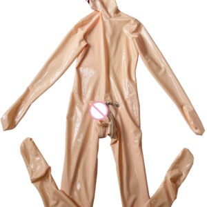 Skin latex catsuit fingerless red teeth 15cm long nose tube zip hidden two sheath 3 lockable zip