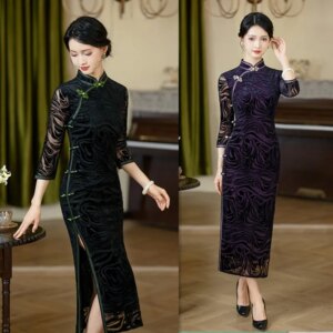 Old Shanghai Retro National Style Improved New Chinese Long 3/4 Sleeves Mom Cheongsam Qi Pao Autumn