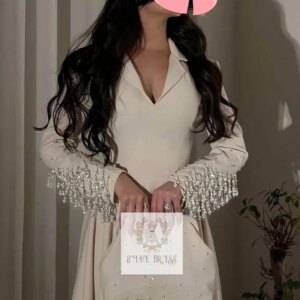Customized  Elegant Vintage Sweet Beige Pearls Beads V-Neck A-Line Customized Formal Occasion Prom Dress Evening Party Gowns