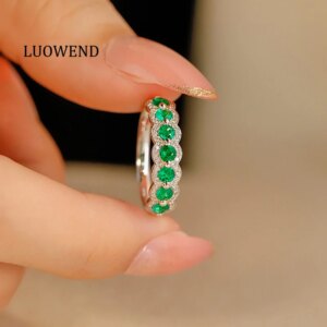 LUOWEND 100% 18K White Gold Rings Shiny Diamond Natural Swat Emerald Engagement Ring for Women Elegant Style Wedding Jewelry