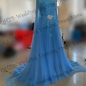 Customize O-Neck A-Line Long Sleeve Court Train Beading Sequined Engagement Birthday Floor Length Evening Gown Sexy Dress