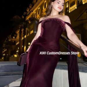 Customized Luxury Evening Dresses Mermaid Off-The-Shoulder Neckline Floor-Length Beadings Zipper Up Sleeveless Lining Elegant