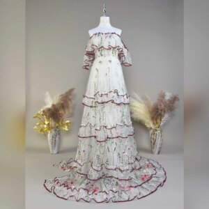 Don&Judy Maternity Off-Shoulder Tulle Embroidery Multi-Layered Ruffle Professional Photoshoot Gown Wedding Party Maxi Dress