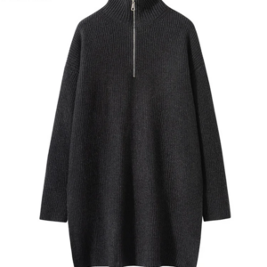 BirdTree, Cashmere Wool Soft Long Sweater, Women Zipper Collar Thicken, Fashion Casual Loose Coat, Fall Winter New Tops T48723QM