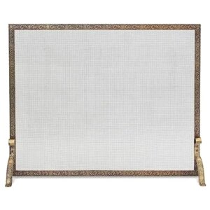 Embossed Single Panel Fireplace Screen Hand Forged Spark Protection Antique Brass Lifetime Guarantee