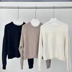 Autumn B*C Rhombic Sequin Sweater for Women 100% Cashmere Round Neck Long Sleeve Loose Female Knitted Pullover