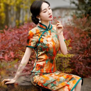 Quality Real Silk Cheongsam Qipao Short Sleeve Improved Retro Cheongsam Qipao Dress Chinese Style Dress