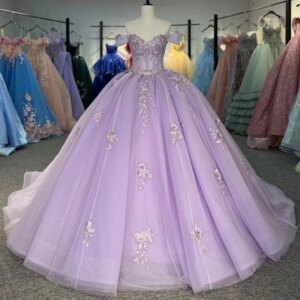 Lilac Shiny Princess Quinceanera Dresses Off Shoulder Applique Lace Beads Tull Sweet 16 Dress Ball Gown Vestidos 15 De Anos