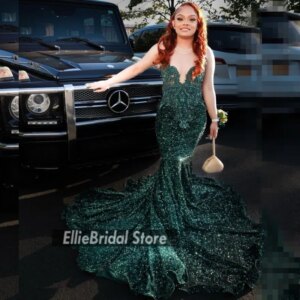 Dark Green Prom Dresses 2025 Black Girl Sequin Beading Mermaid Party Gowns African Women Crystal Evening Dress Customized