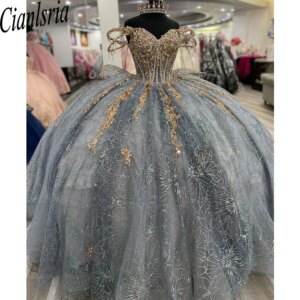Sparkly Gray Princess Quinceanera Dresses Off Shoulder Ball Gown Glitter Appliques Lace Crystals Beads Tull Sweet 15th Dress