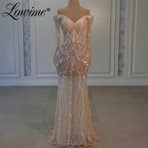 2024 Champagne Evening Dresses See Through Long Sleeves Women Party Second Reception 50th Birthday Engagement Gowns Beaded Lace