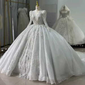 Vestido Para Boda Civil Ball Gown Wedding Dress V-Neck Long Sleeve Lace Up Back Beading Sequined Customized Wedding Dress