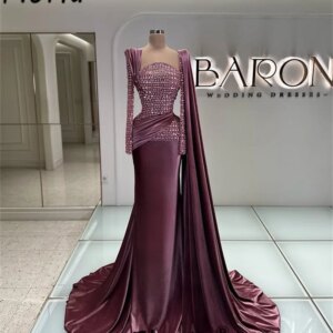 Long Dubai Mermaid Evening Dresses Silver Crystals Stone Pink Velvet Party Gown Wedding Dress Customized Formal Vestidos de Gala