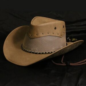 Vintage old leather men’s and women’s large eaves national cowboy hat shade warm twine fringe