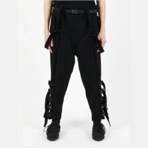 YOJI OOAK Wool Multi Loop Strap Pants Pan Strap Pants Black Work Pants Casual Street Wide Style Artistic Hip Hop