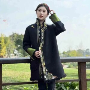 Autumn Winter Tibetan Add Velvet Coat Women’s Tibet Trend Clothing Color Matching Warm Long Jacket Lhasa Ethnic Style Overcoat