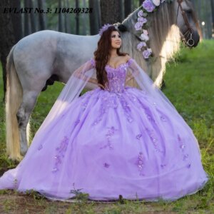 EVLAST Customized Glitter Lilac Quinceanera Dress Ball Gown Floral Applique Beads Cape Corset Sweet 16 Vestido De 15 Anos E3Q306