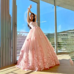 Luxury Sweetheart Collar Beaded Flower Accents Tulle Formal Prom Dress Ball Gown Puffy Backless Prom Club Gown vestidos de noche